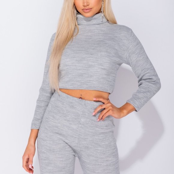 Gray Turtle Neck Crop Top and Leggings Pants Set - Picture 4 of 8